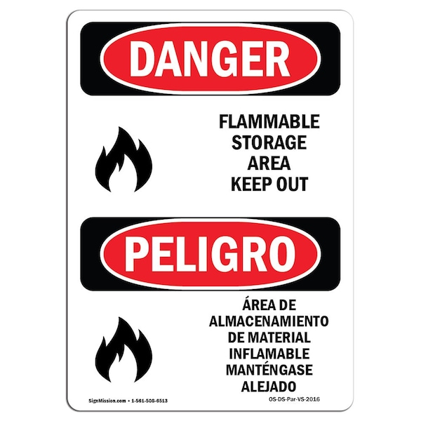 Safety Sign, OSHA Danger, 24" Height, Rigid Plastic, Flammable Storage Area Keep Out, Spanish